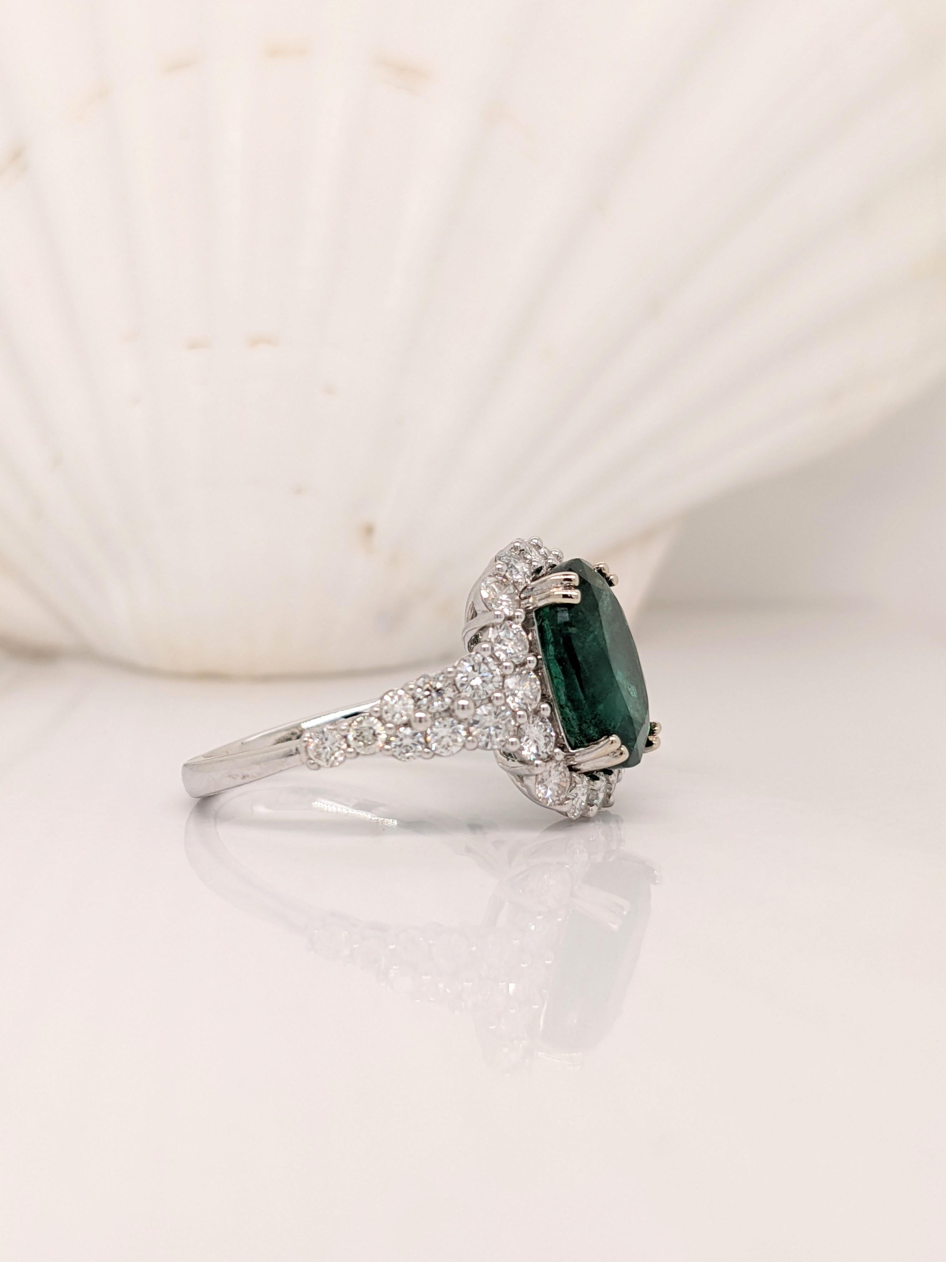 Renaissance 3 Carat Emerald Ring in 14k Solid White Gold with a Halo of Natural Diamonds For Sale
