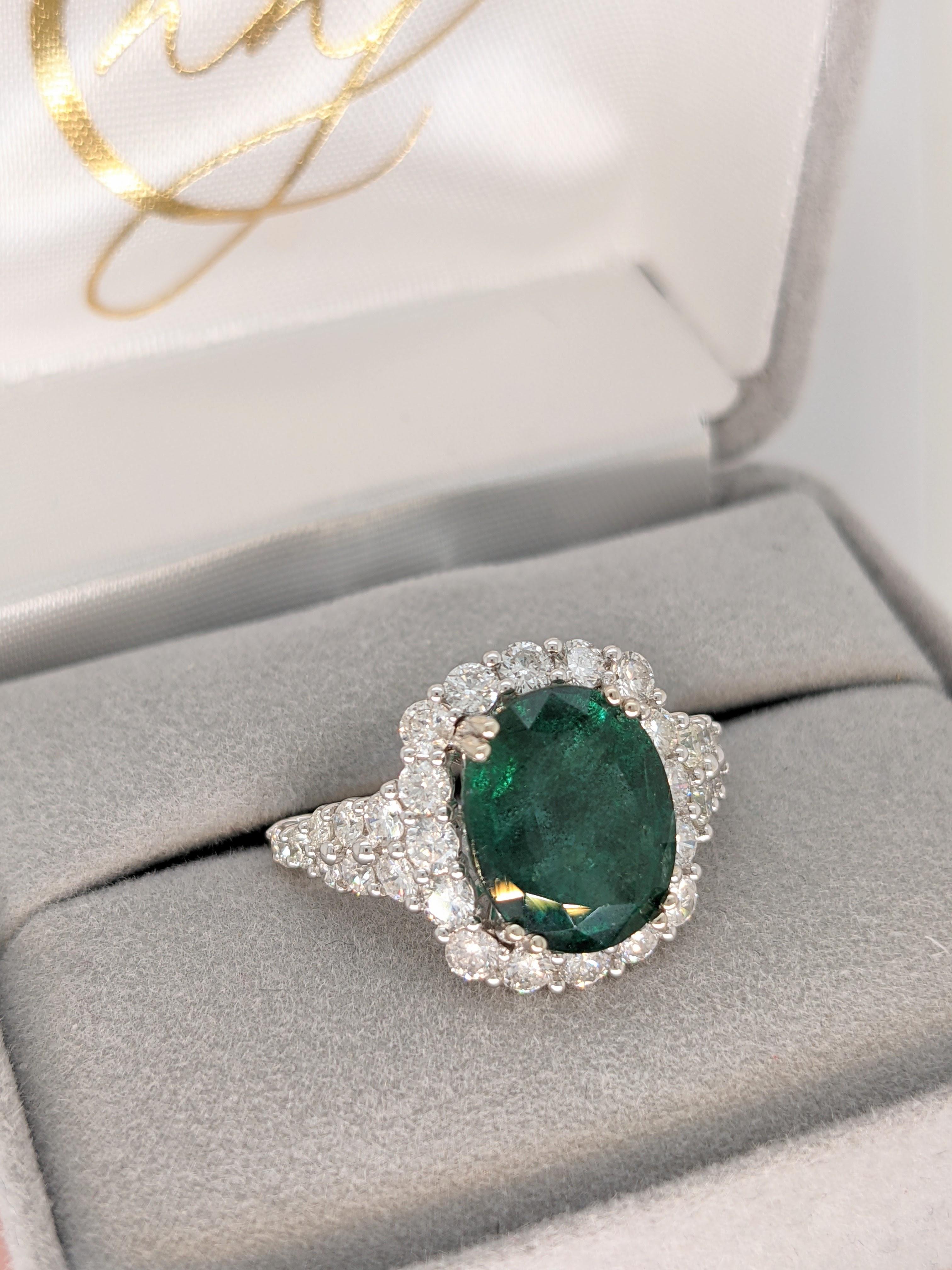 3 Carat Emerald Ring in 14k Solid White Gold with a Halo of Natural Diamonds For Sale 2