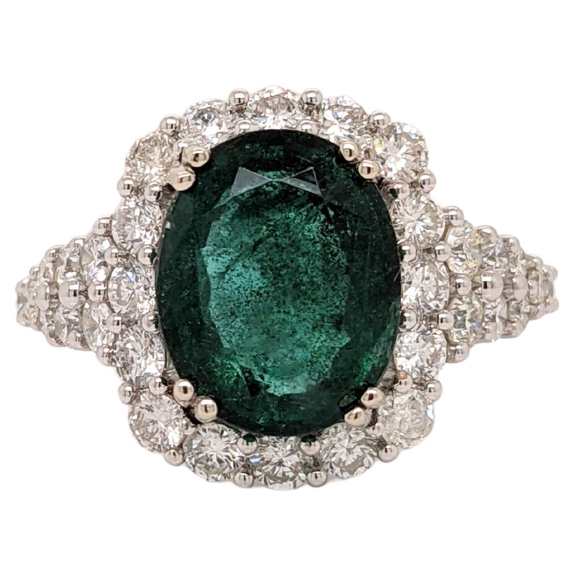 3 Carat Emerald Ring in 14k Solid White Gold with a Halo of Natural Diamonds