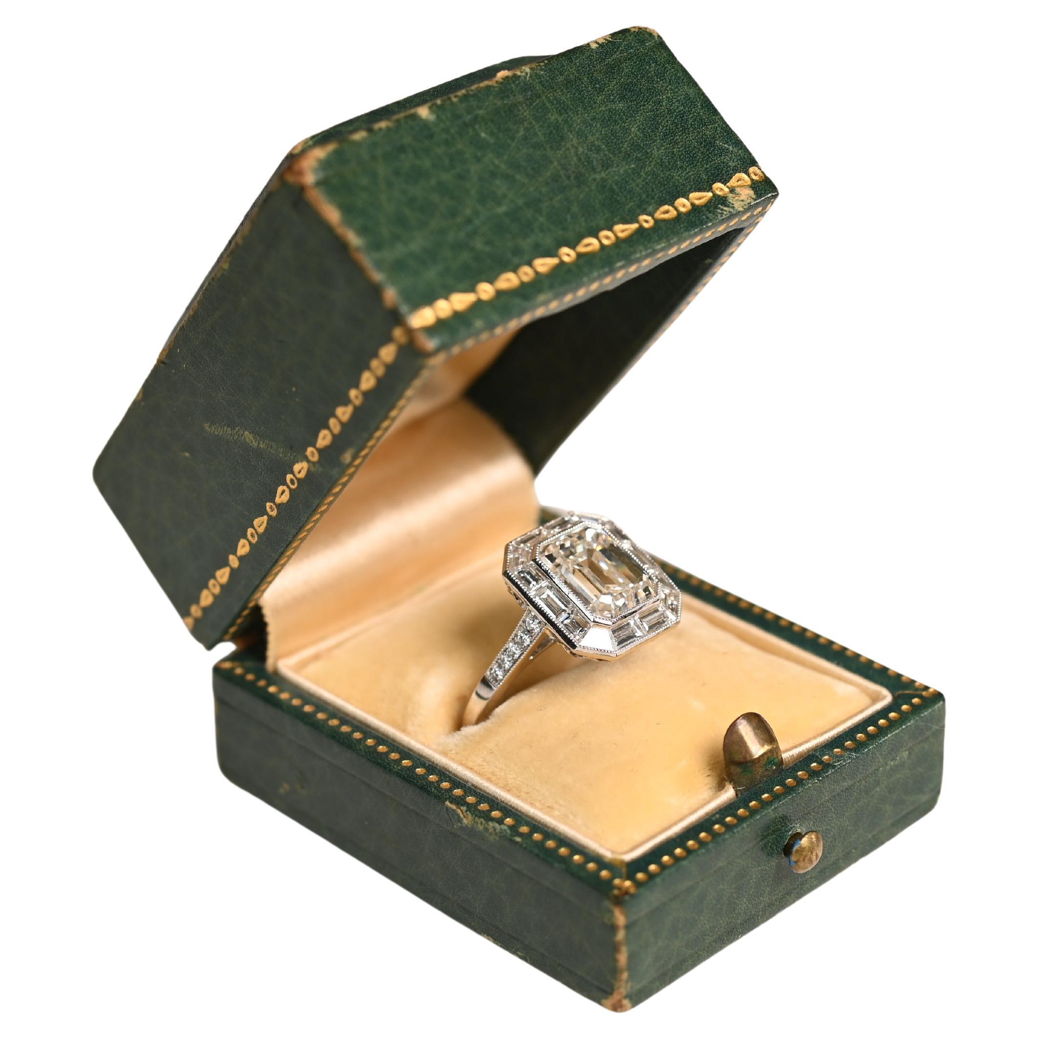 3ct Engagement Ring. GIA Emerald Cut Diamond Accent Platinum Halo Ring H VVS1