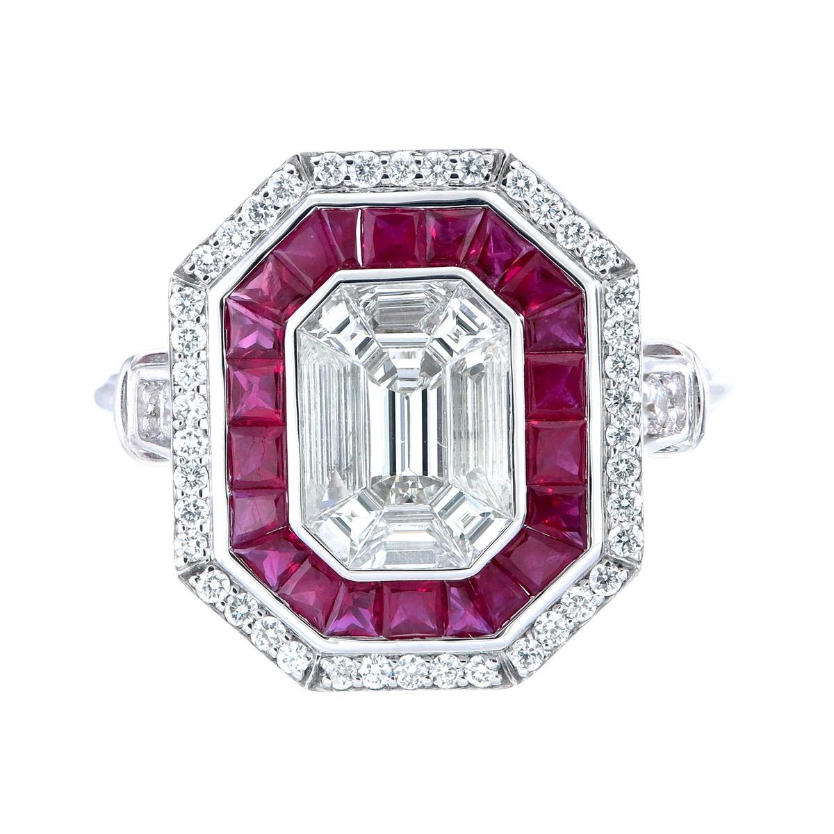 For Sale:  3 carat face Invisible set diamonds with a double halo of ruby & diamonds ring 2