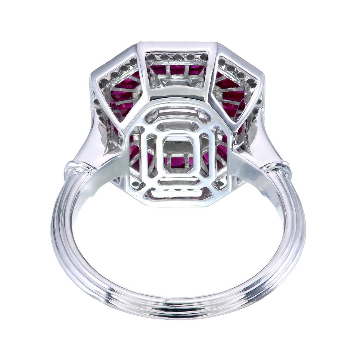 For Sale:  3 carat face Invisible set diamonds with a double halo of ruby & diamonds ring 3