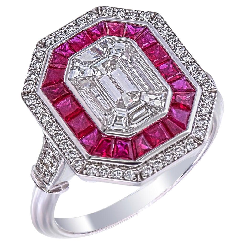 3 carat face Invisible set diamonds with a double halo of ruby & diamonds ring