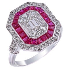 3 carat face Invisible set diamonds with a double halo of ruby & diamonds ring