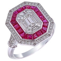 Bague sertie de diamants facettés de 3 carats avec double halo de rubis et de diamants