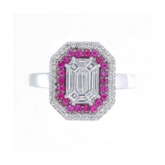 3 carat face look Emerald shape Piecut diamond with a Border of ruby & diamonds