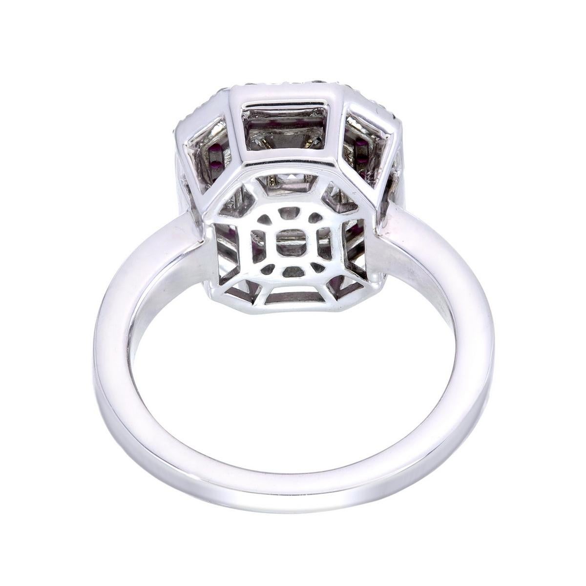 For Sale:  3 carat face look Emerald shape Piecut diamond with a Border of ruby & diamonds 3
