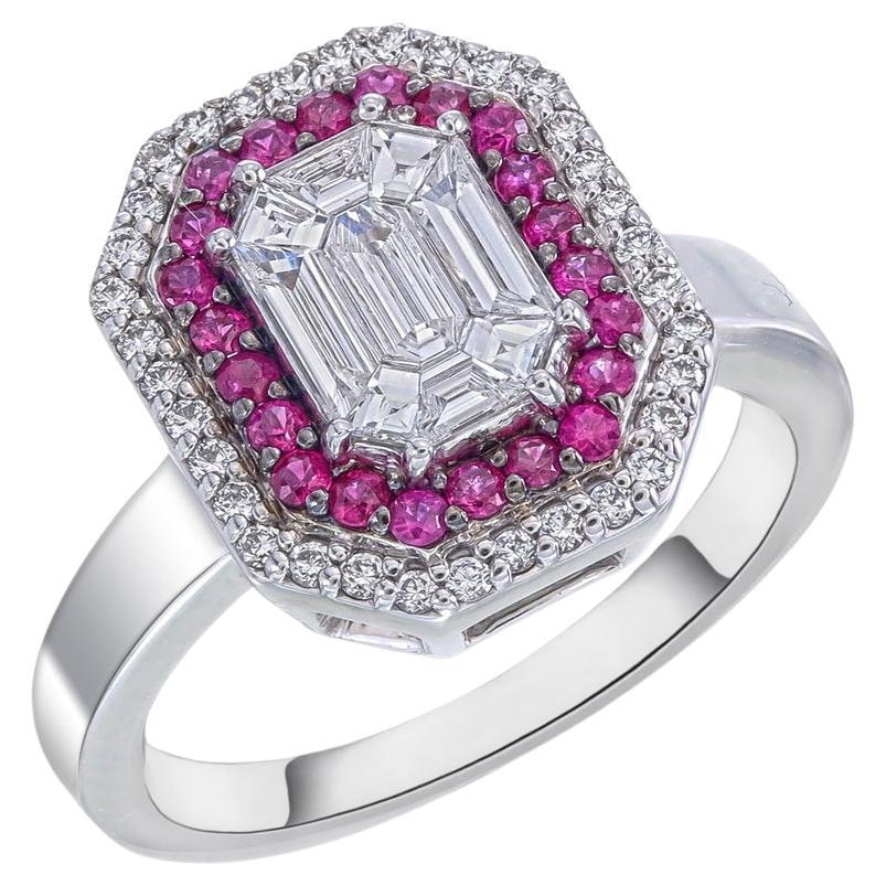 3 carat face look Emerald shape Piecut diamond with a Border of ruby & diamonds