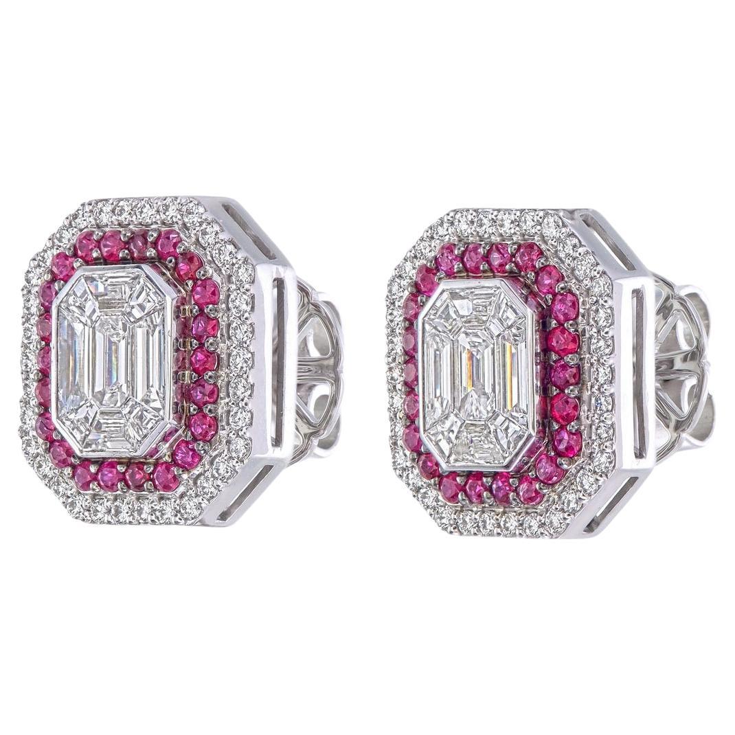 6 carat face up pai Invisible set diamonds with a double halo of ruby & diamonds For Sale