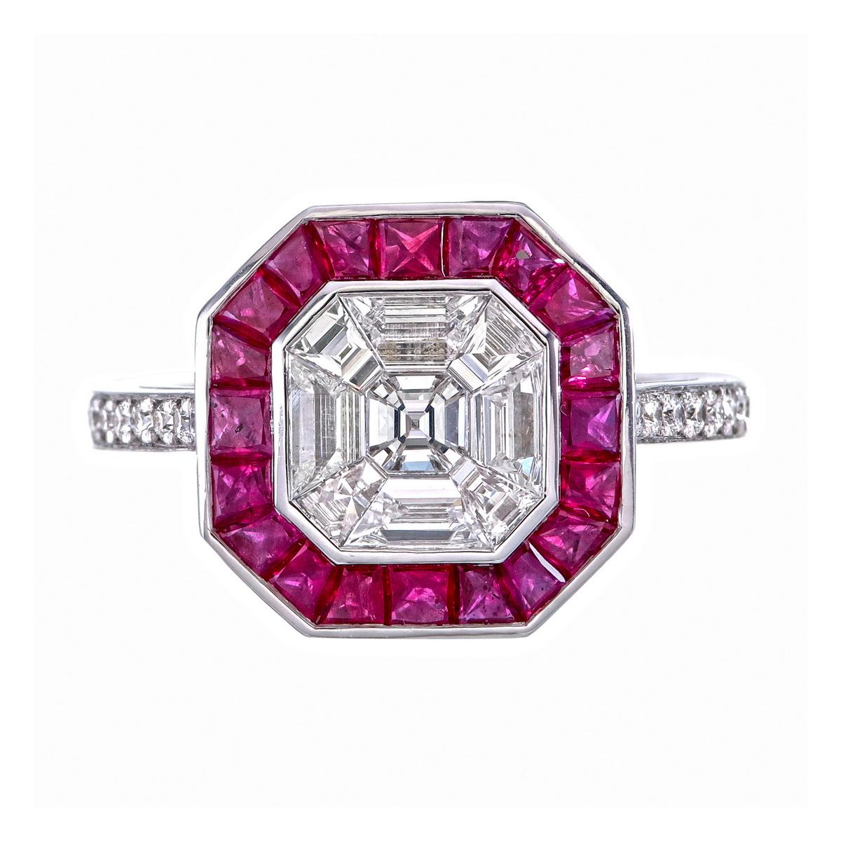 Piecut diamond invisible set diamond ring 
3 carat face up mix shape diamond placed side to side with no gaps in between.

Every Ruby is matched with perfection in color & cut, polished & set to perfection.

VVS claarity diamonds & natural ruby 