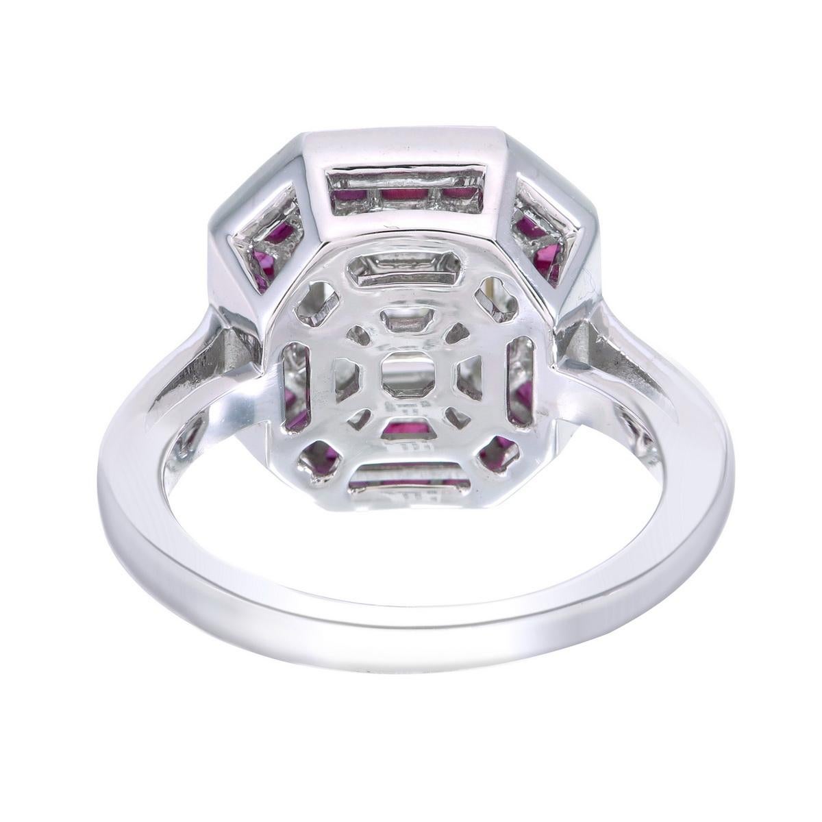 Art Deco 3 carat face up Asscher Pie cut diamond with invisible set ruby halo For Sale