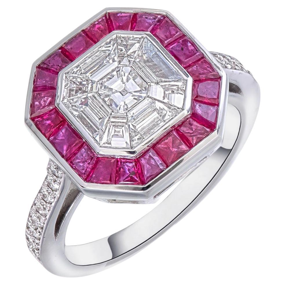 3 carat face up Asscher Pie cut diamond with invisible set ruby halo