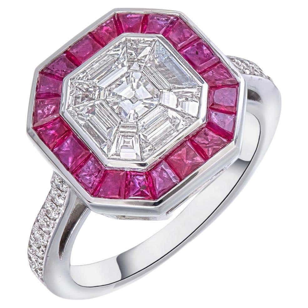 3 carat face up Asscher Pie cut diamond with invisible set ruby halo ...