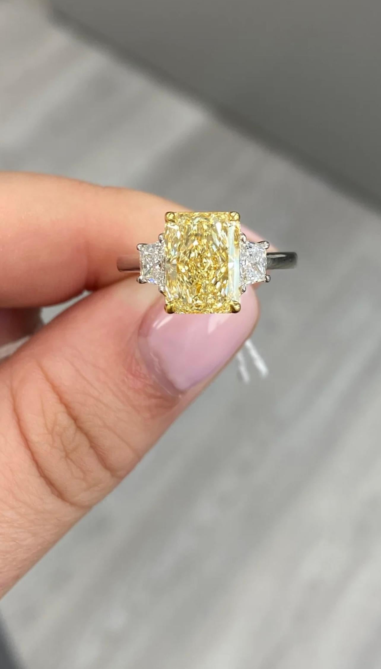 Radiant Cut 3 Carat GIA Flawless Fancy Light Yellow Elongated Radiant Diamond Ring For Sale