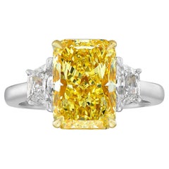 3 Carat Fancy Light Yellow Long Radiant IF GIA Three Stone Ring