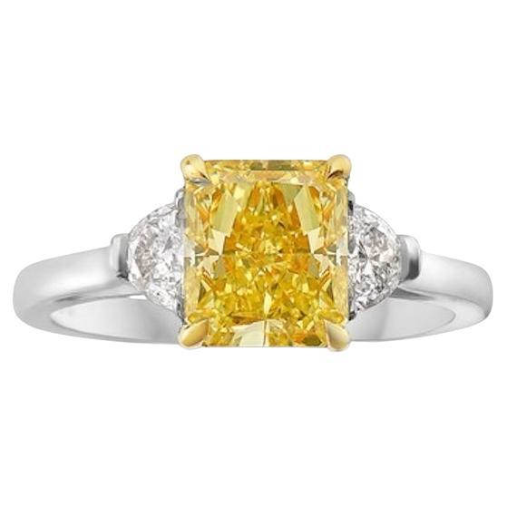 3 Carat Fancy Yellow Cushion Cut Diamond Three Stone Engagement Ring