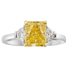 3 Carat Fancy Yellow Cushion Cut Diamond Three Stone Engagement Ring