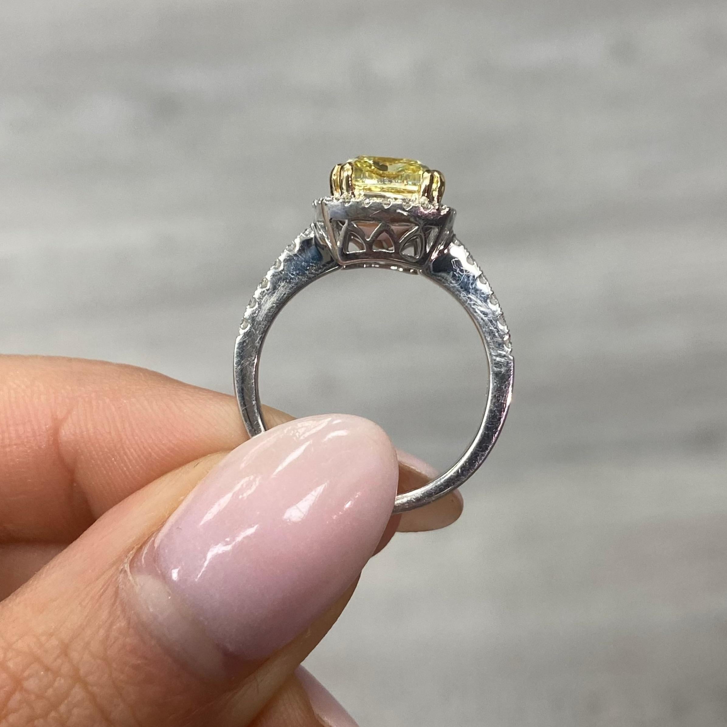 Women's 3 Carat Fancy Yellow Cushion Cut Halo Diamond Ring For Sale