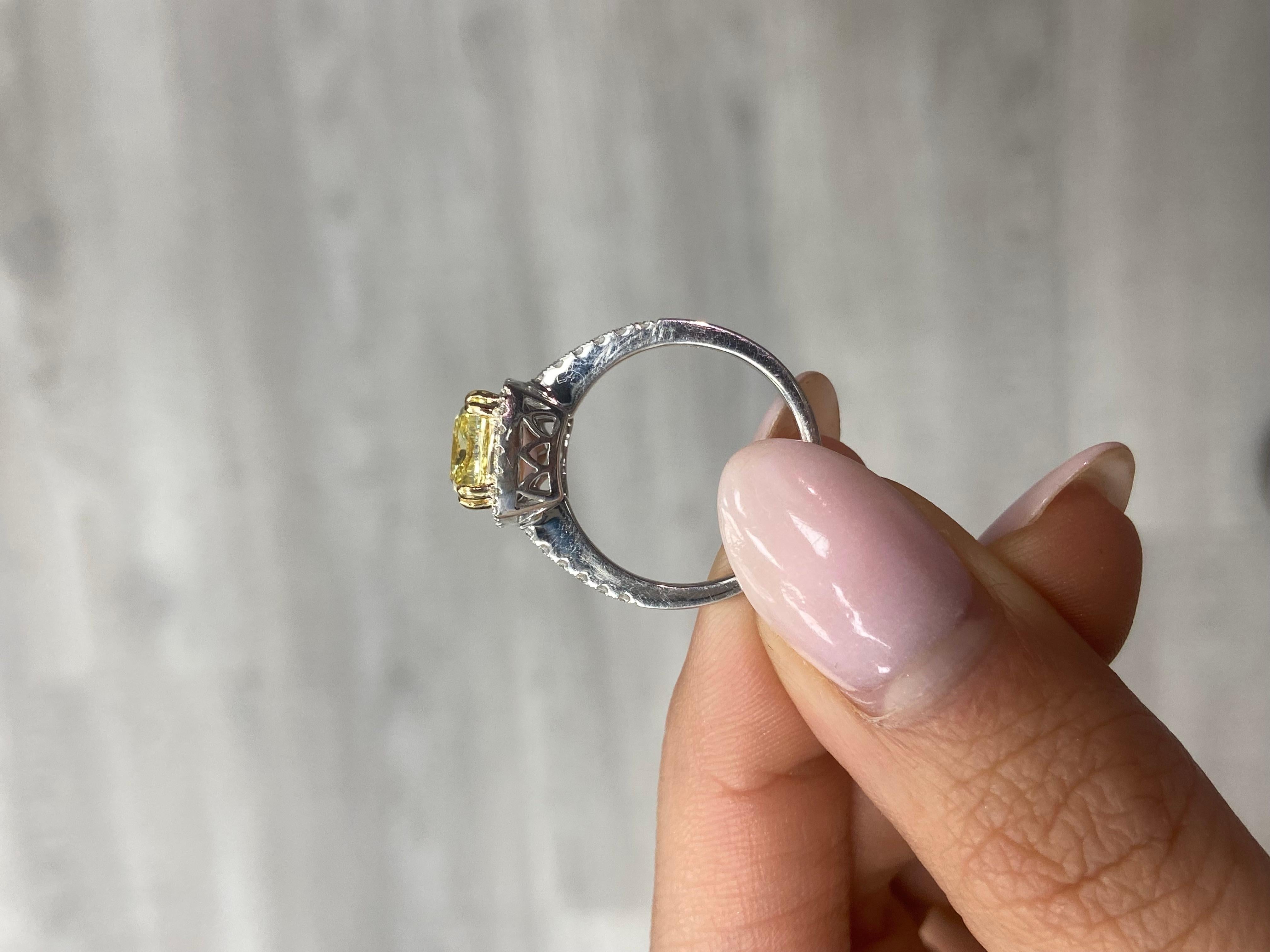 3 Carat Fancy Yellow Cushion Cut Halo Diamond Ring In New Condition In New York, NY