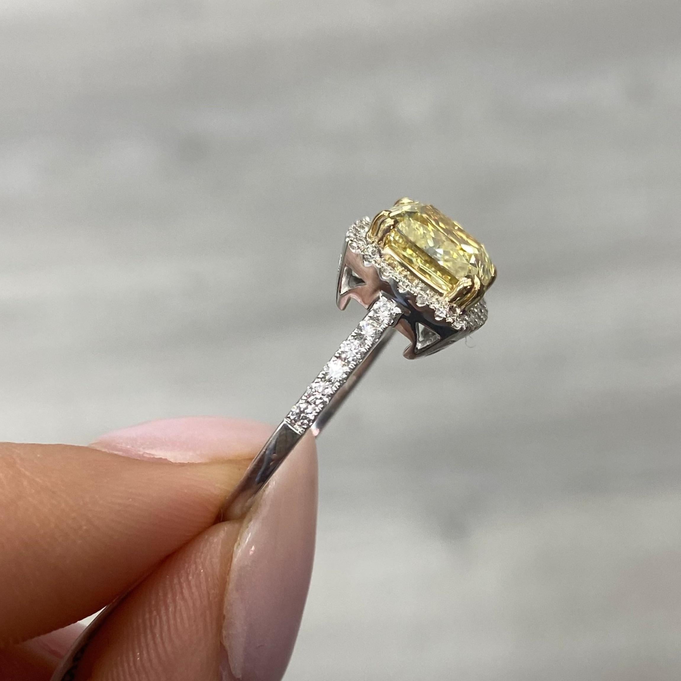 3 Carat Fancy Yellow Cushion Cut Halo Diamond Ring For Sale 1