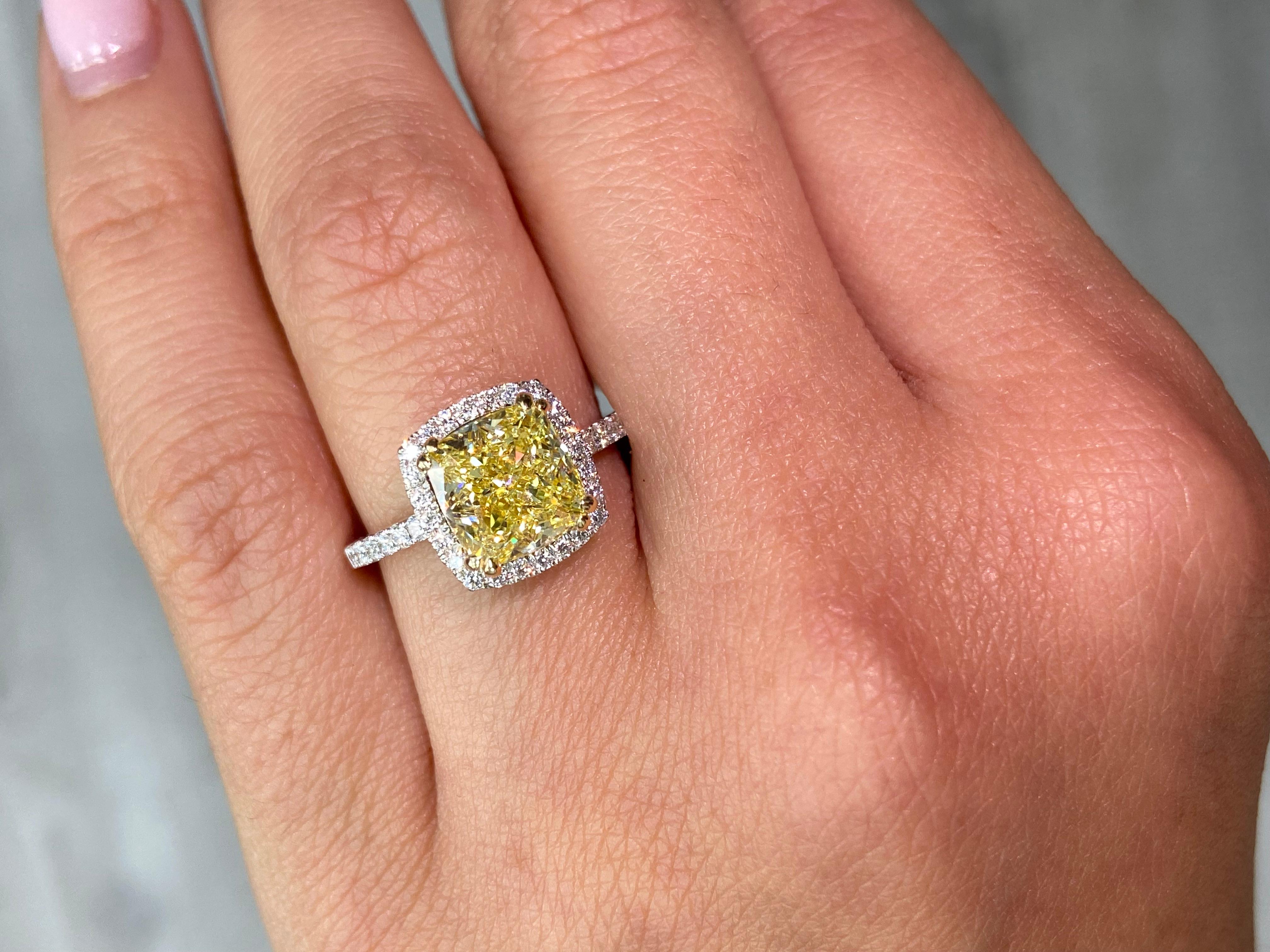 Women's 3 Carat Fancy Yellow Cushion Cut Halo Diamond Ring