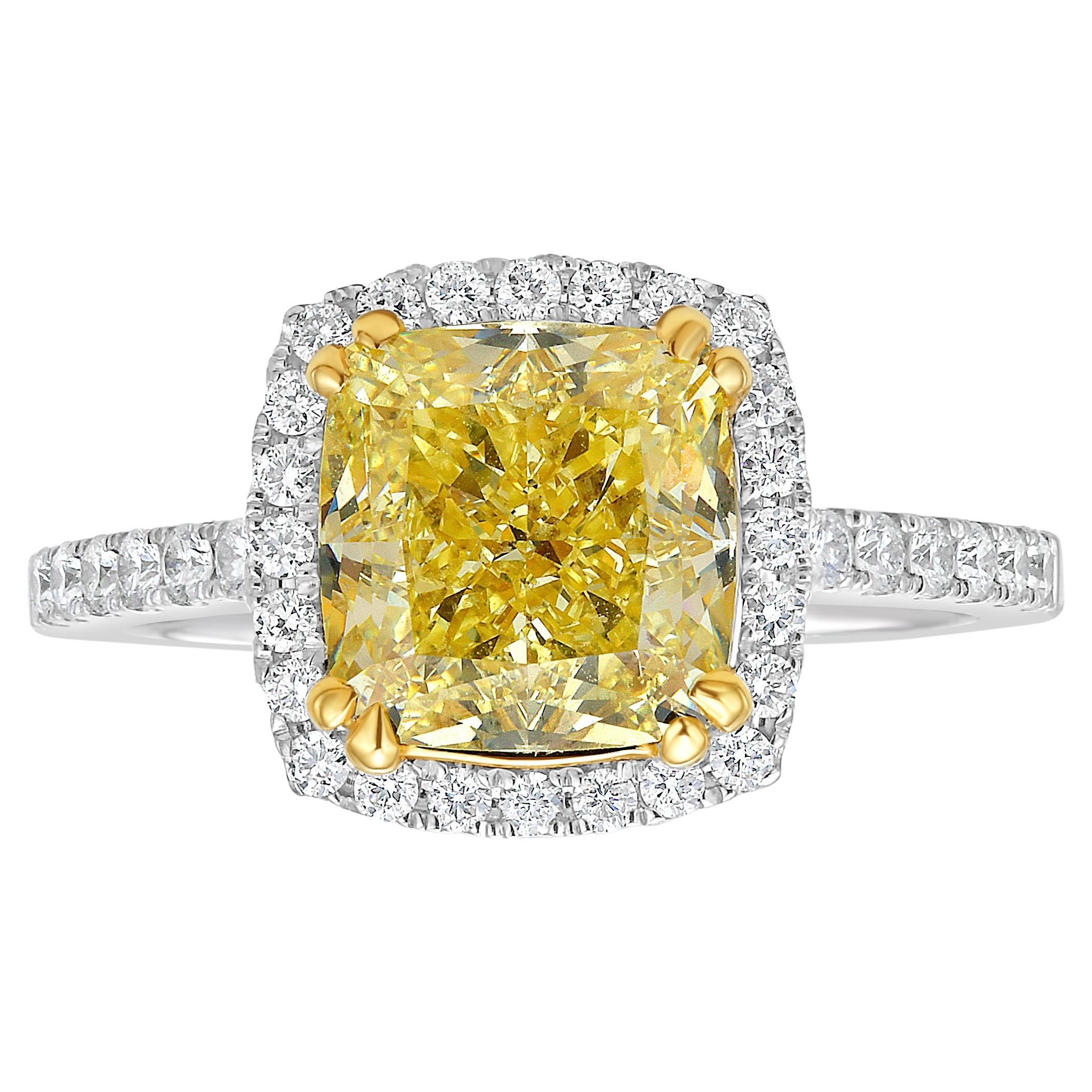 3 Carat Fancy Yellow Cushion Cut Halo Diamond Ring