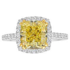 Bague à diamant halo de 3 carats, taille coussin, de couleur jaune fantaisie