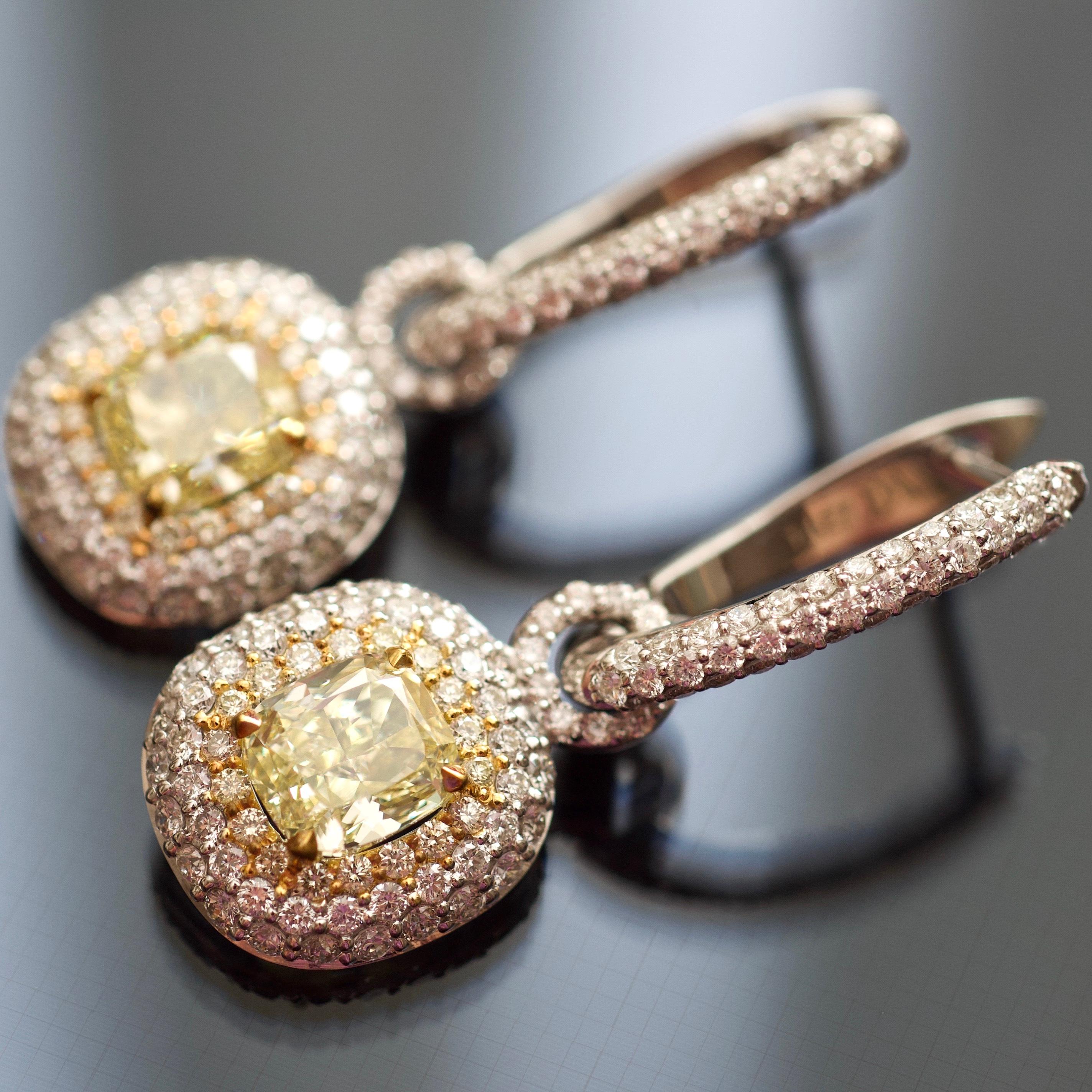 3 Carat Fancy Yellow Diamond and White Diamonds 14 Karat White Gold Earrings For Sale 5