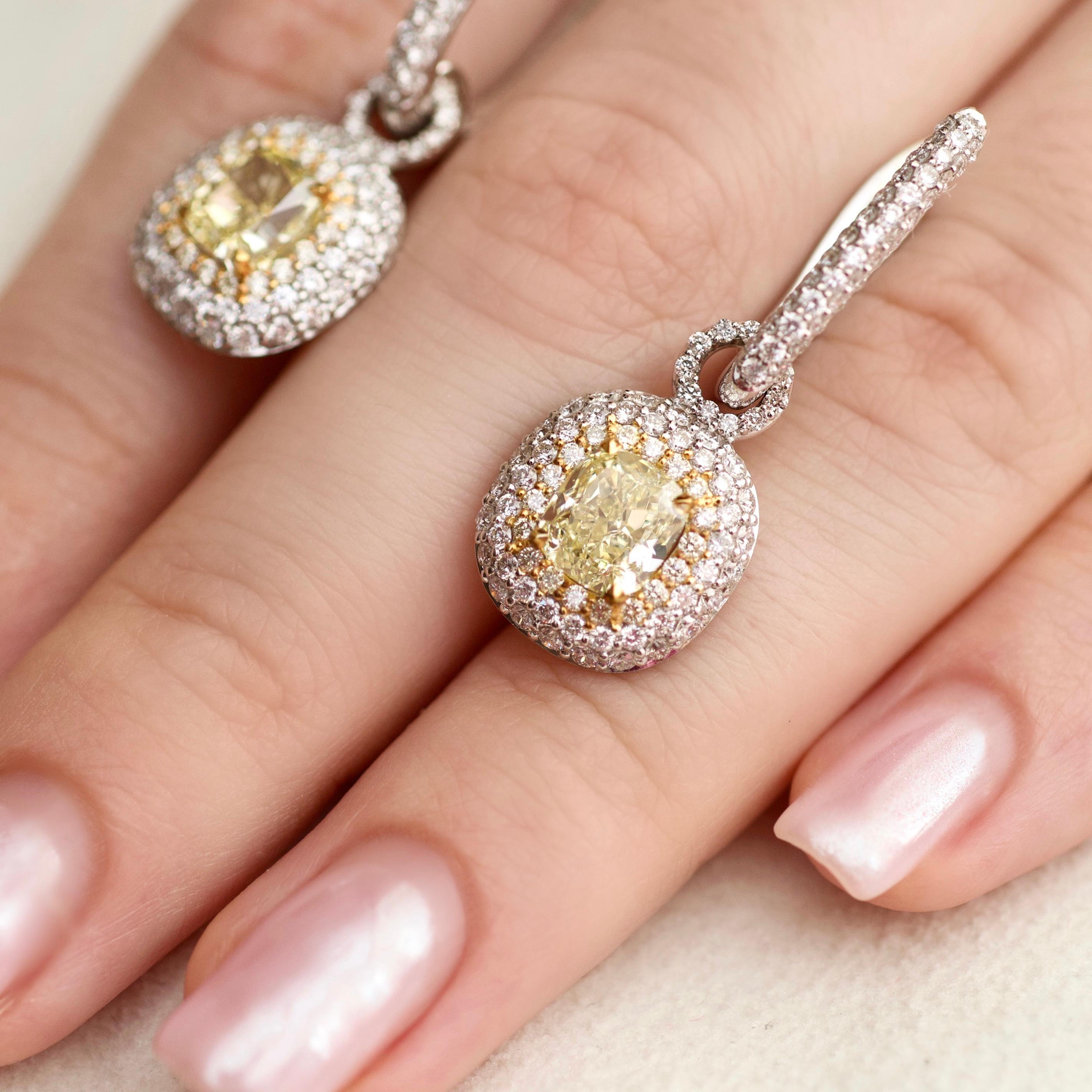 Women's 3 Carat Fancy Yellow Diamond and White Diamonds 14 Karat White Gold Earrings For Sale