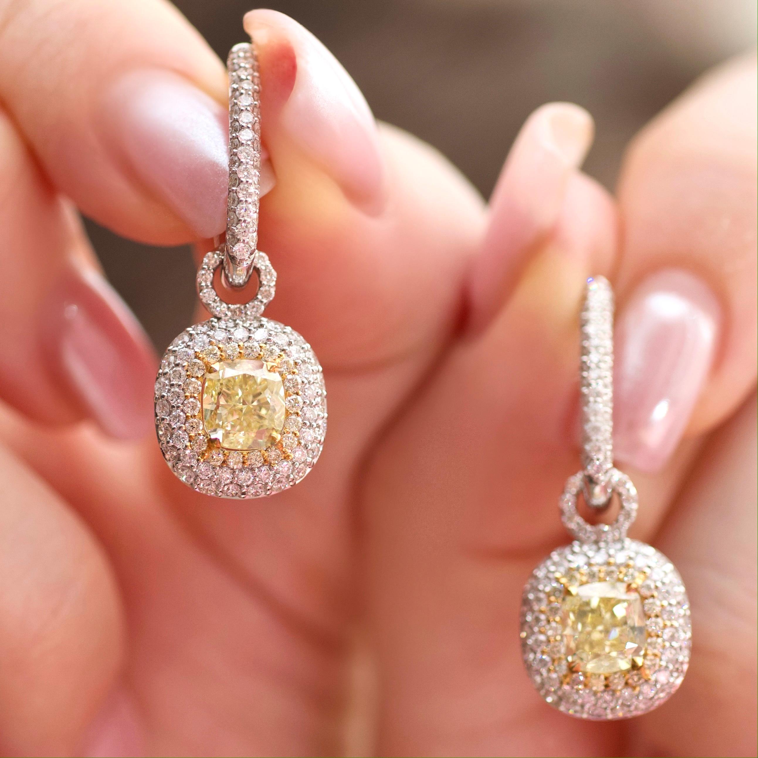 3 Carat Fancy Yellow Diamond and White Diamonds 14 Karat White Gold Earrings For Sale 2