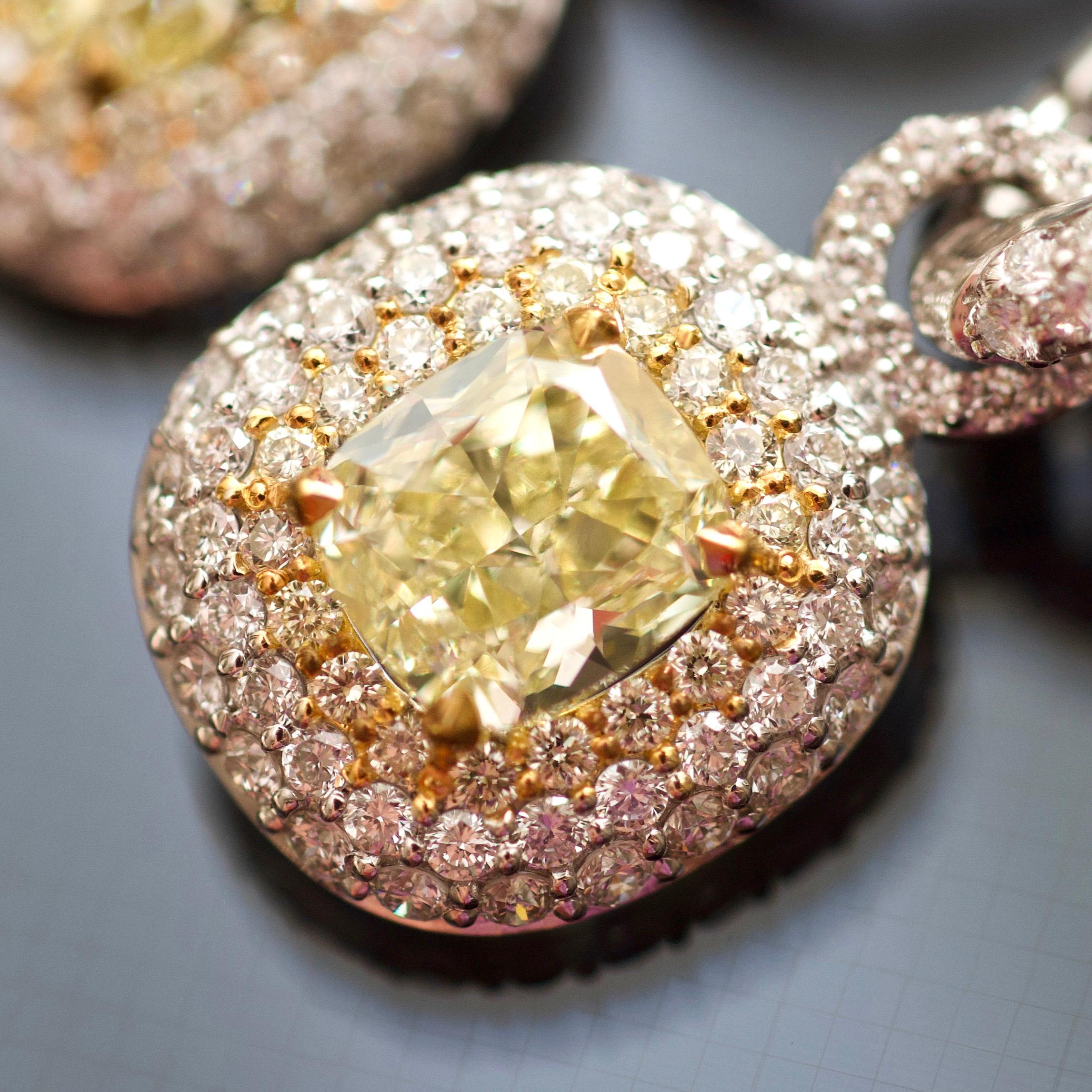 3 Carat Fancy Yellow Diamond and White Diamonds 14 Karat White Gold Earrings For Sale 3