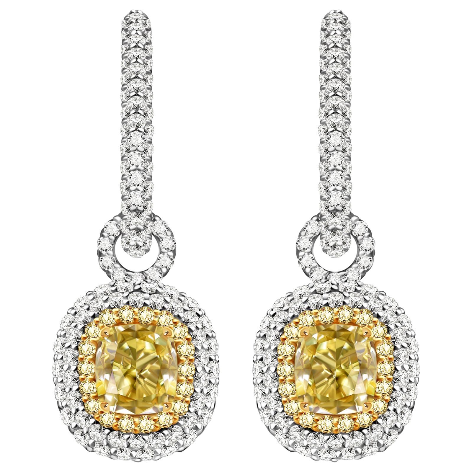 3 Carat Fancy Yellow Diamond and White Diamonds 14 Karat White Gold Earrings For Sale