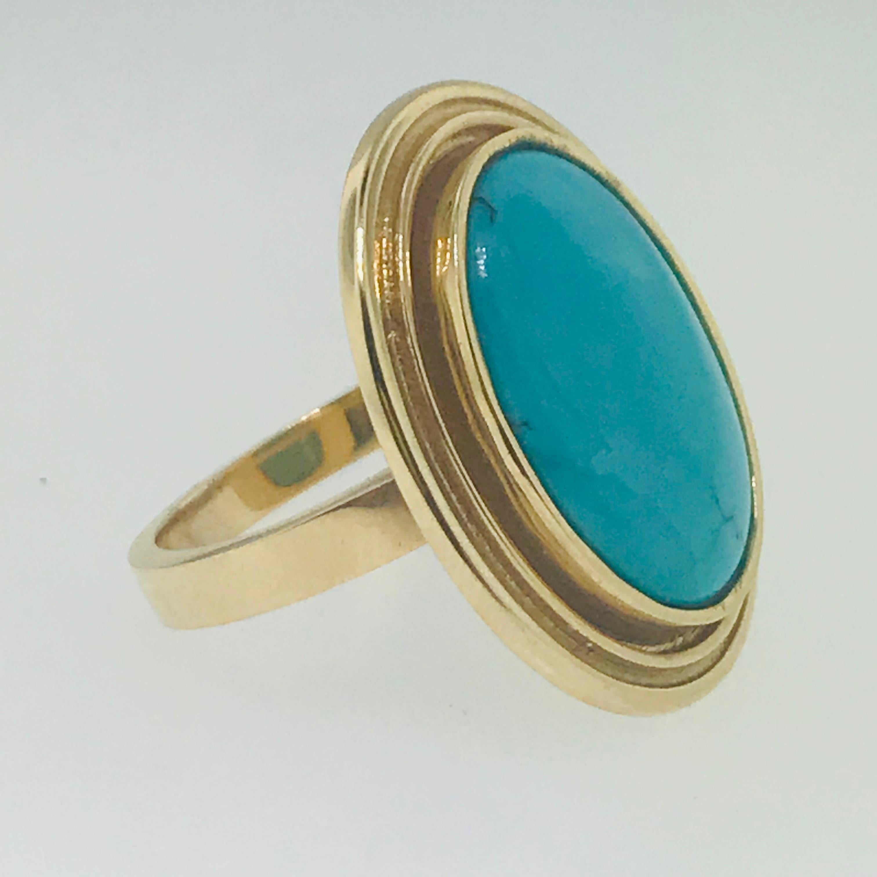 Oval Cut 3 Carat Genuine Persian Turquoise Unique Gold Fashion Ring in 14 Karat Gold