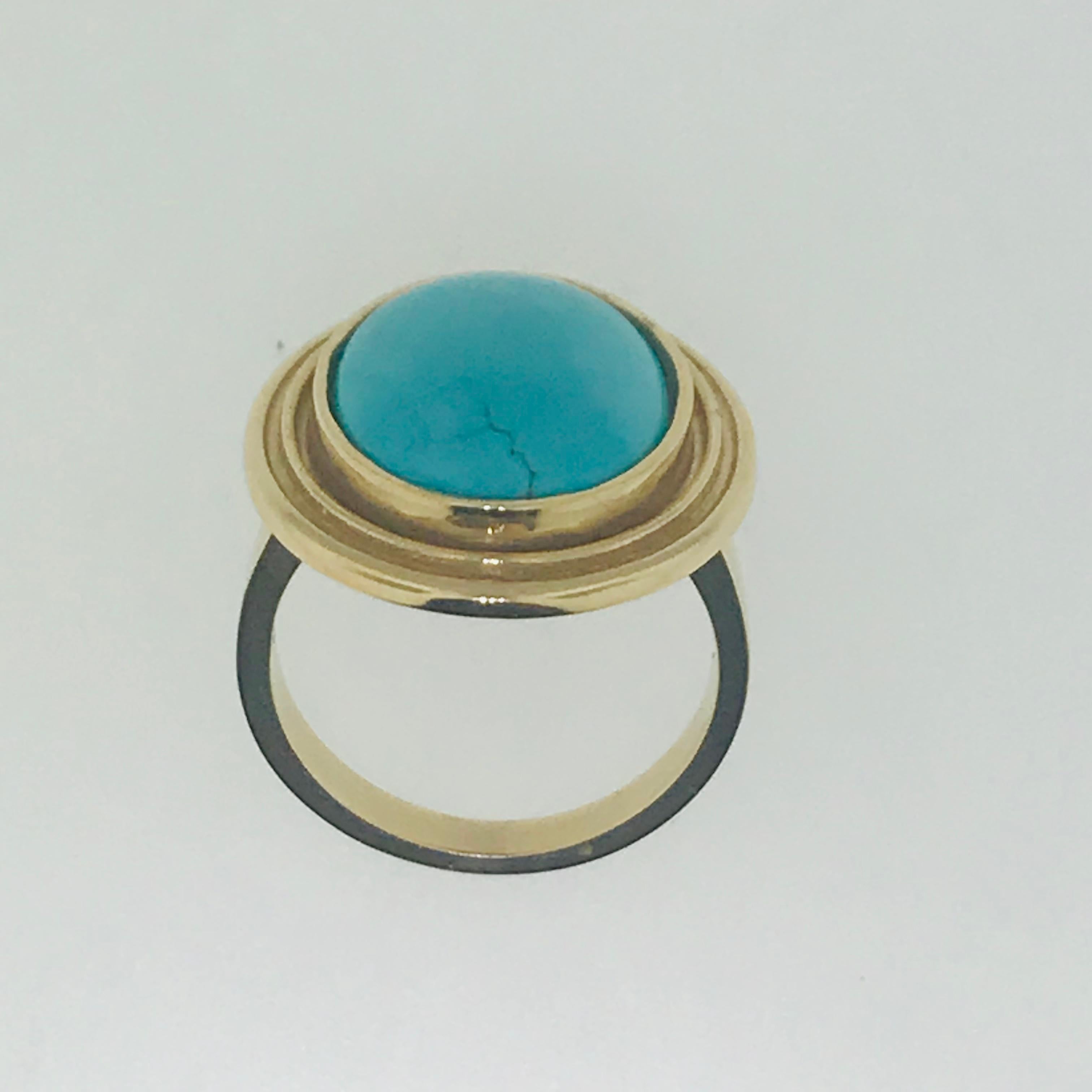Women's or Men's 3 Carat Genuine Persian Turquoise Unique Gold Fashion Ring in 14 Karat Gold