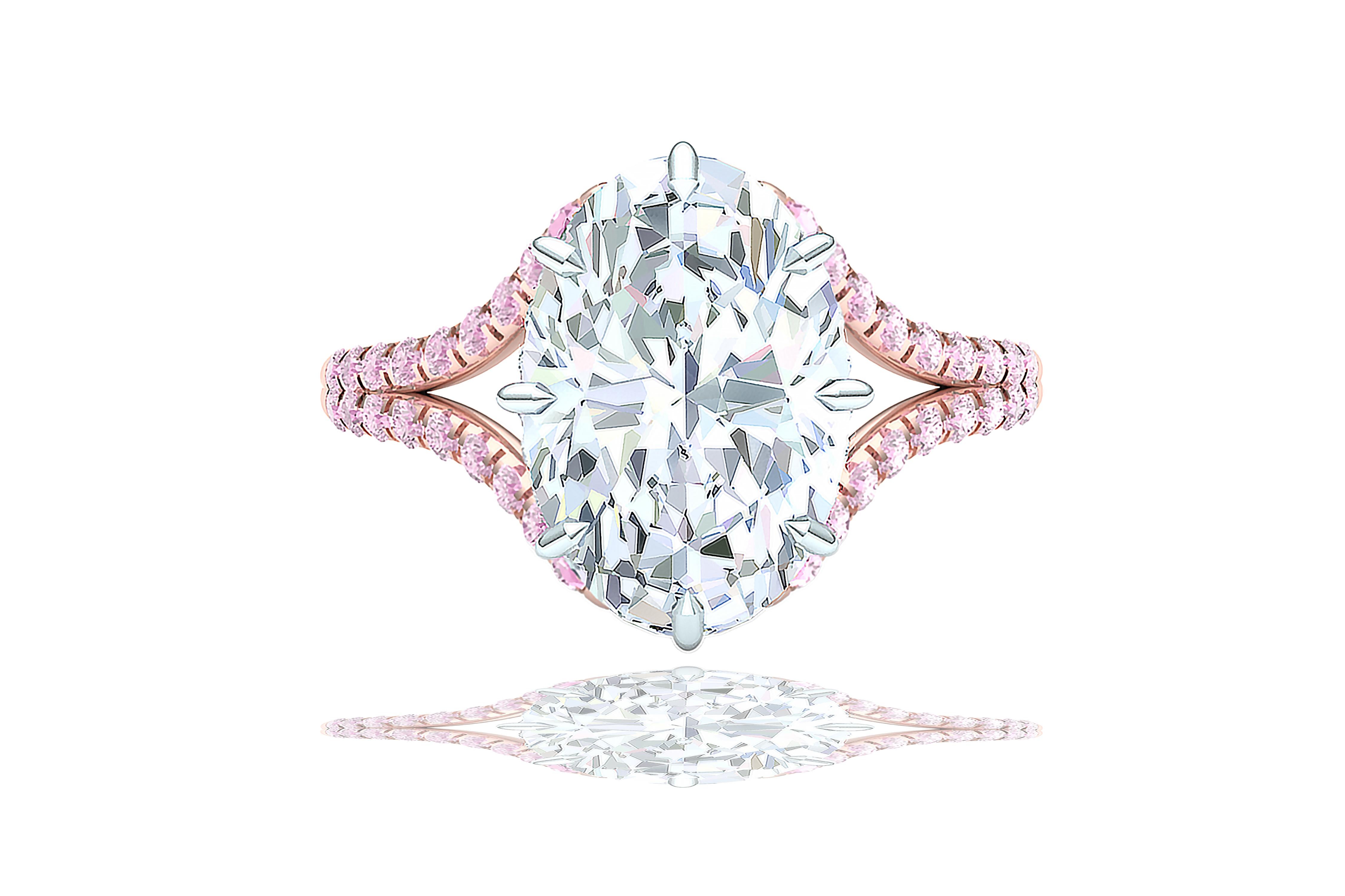 This stunning oval cut brilliant diamond is GIA certified and has a color and clarity of F-VS2.  The center stone is encased by over .50 carats of white round brilliant diamonds which are E-F VS.  The head of this ring is cast from platinum and sits
