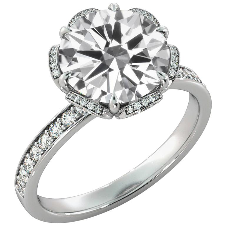 3 Carat GIA Diamond Engagement Ring, 18 Karat White Gold Floral Ring