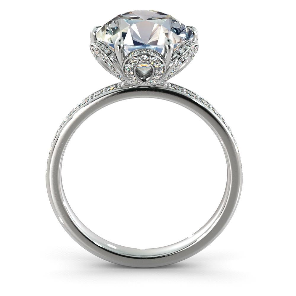 Round Cut 3 Carat GIA Diamond Engagement Ring, 18 Karat White Gold Floral Ring