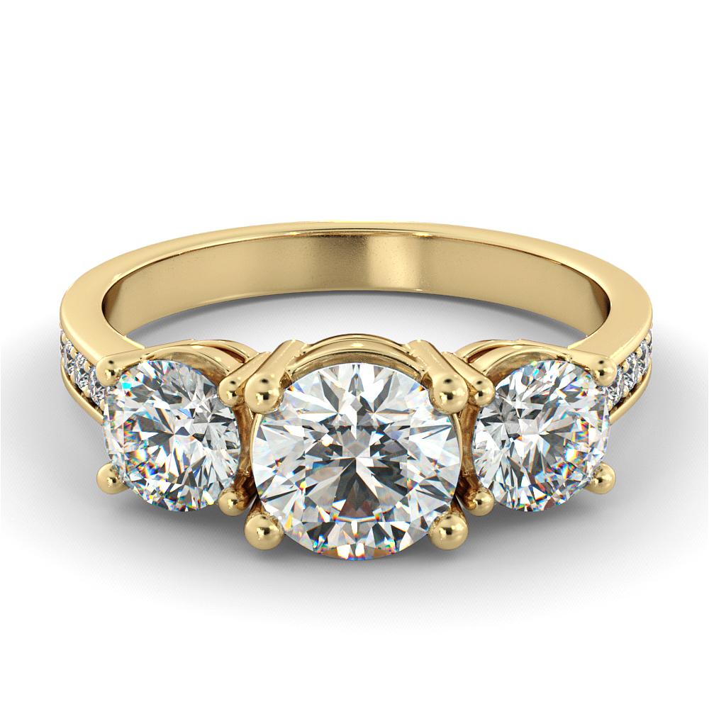 Fabulous three-stone style GIA certified diamond engagement ring. Ring features a 2 carat round cut 100% eye clean natural diamond of F-G color and VS2-SI1 clarity and it is accompanied by 2 smaller round shaped diamonds of approx. 1 total carat