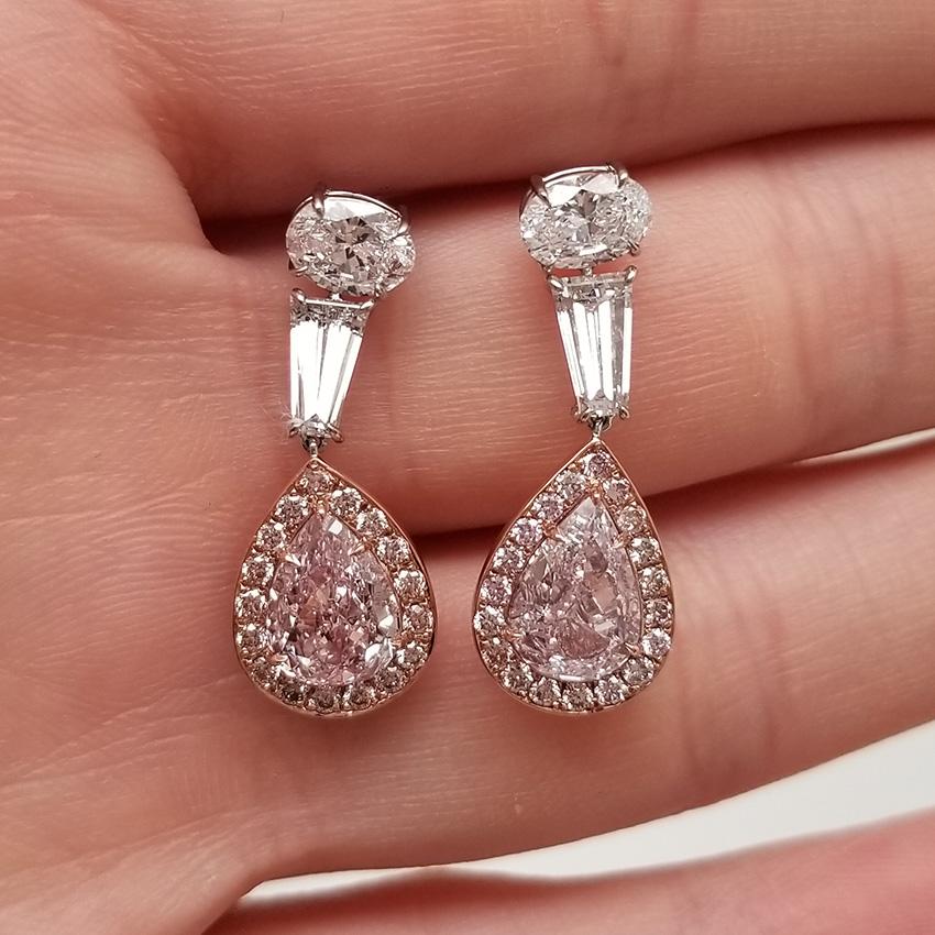 Contemporary 3+ Carat GIA Fancy Pink Pear Cut Diamond Dangle Earrings Scarselli 18k Rose Gold For Sale