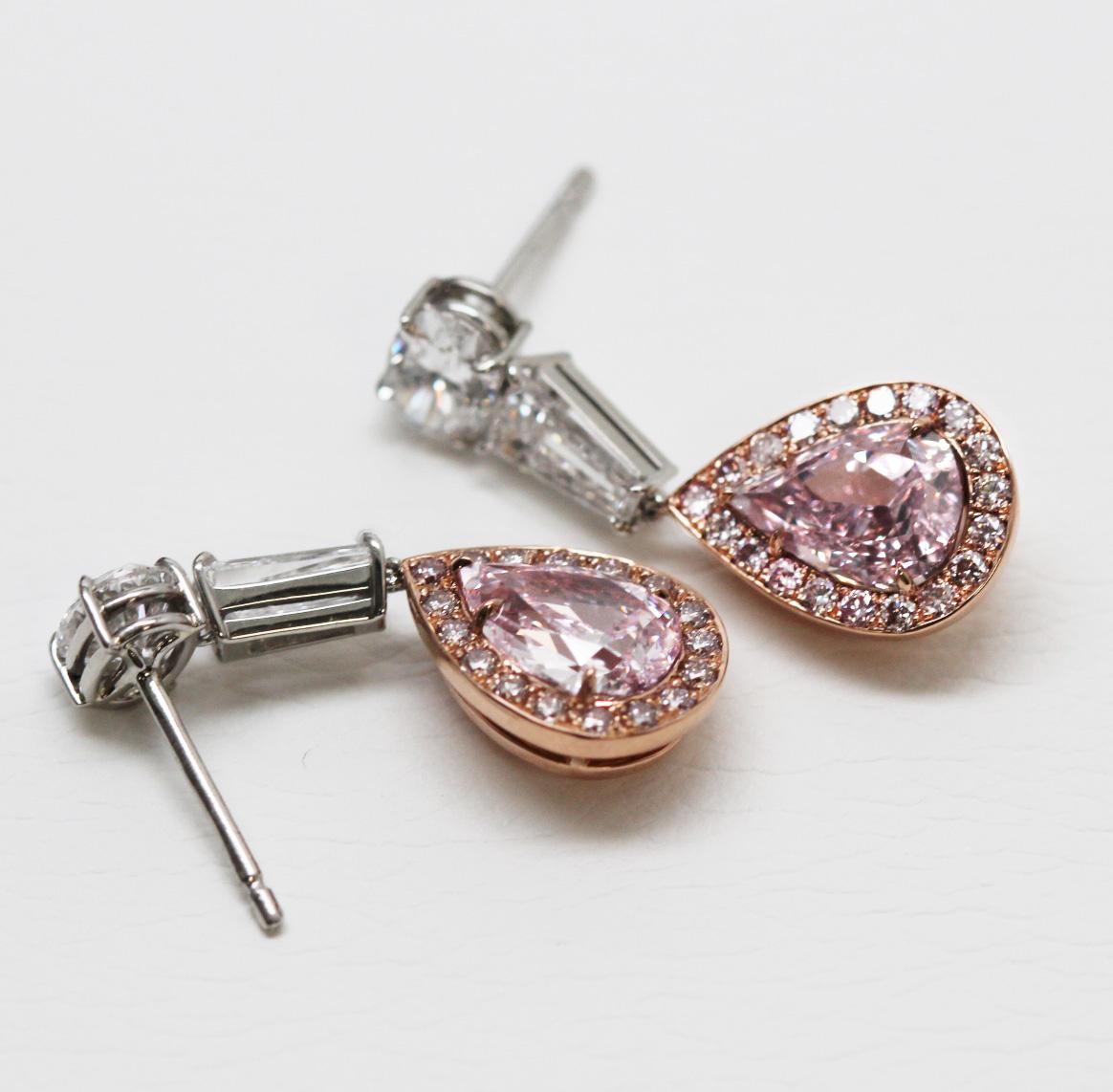 Taille poire Boucles d'oreilles pendantes en or rose 18k Scarselli, diamant rose poire de fantaisie de plus de 3 carats GIA en vente