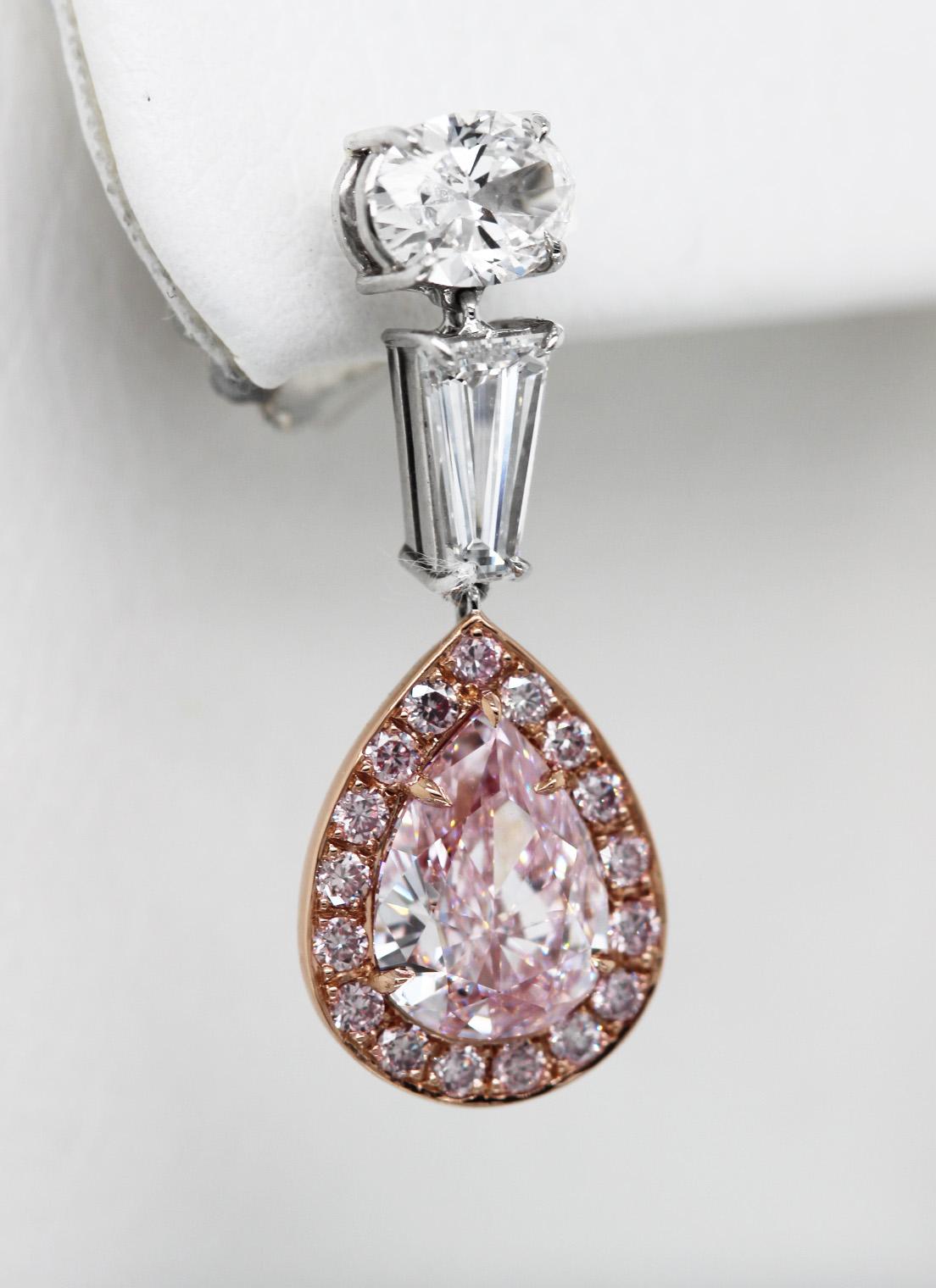 Women's or Men's 3+ Carat GIA Fancy Pink Pear Cut Diamond Dangle Earrings Scarselli 18k Rose Gold For Sale