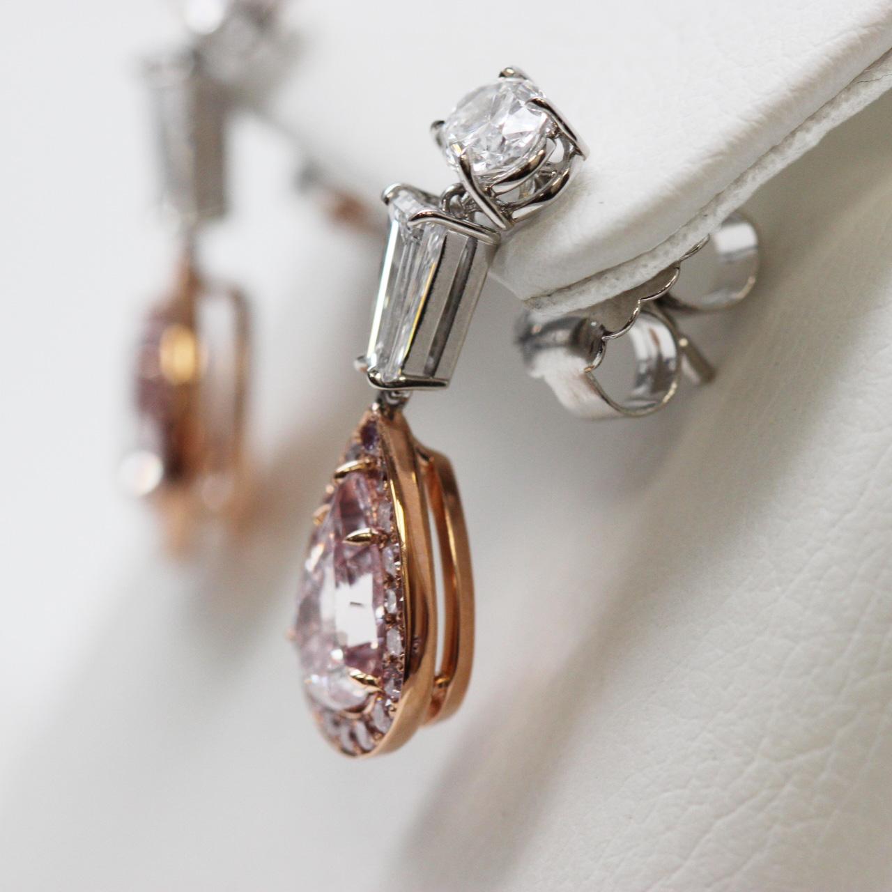3+ Carat GIA Fancy Pink Pear Cut Diamond Dangle Earrings Scarselli 18k Rose Gold For Sale 1
