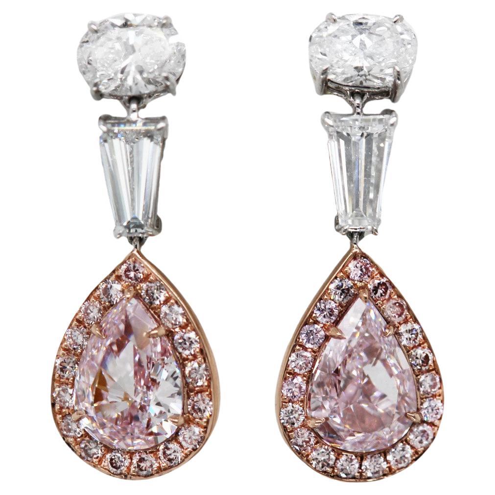 3+ Carat GIA Fancy Pink Pear Cut Diamond Dangle Earrings Scarselli 18k Rose Gold For Sale