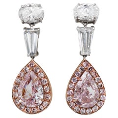 Boucles d'oreilles pendantes en or rose 18k Scarselli, diamant rose poire de fantaisie de plus de 3 carats GIA