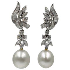 3 Carat H VS Diamond South Sea Pearl Drop Earrings 18 Karat White Gold