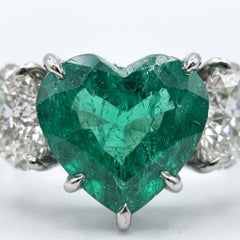 3 Carat Heart-Cut Colombian Emerald and Diamond Three-Stone Ring