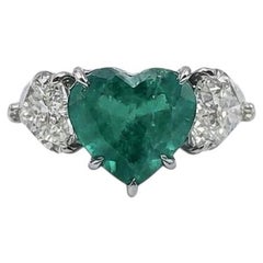 3 Carat Heart-Cut Colombian Emerald and Diamond Three-Stone Ring