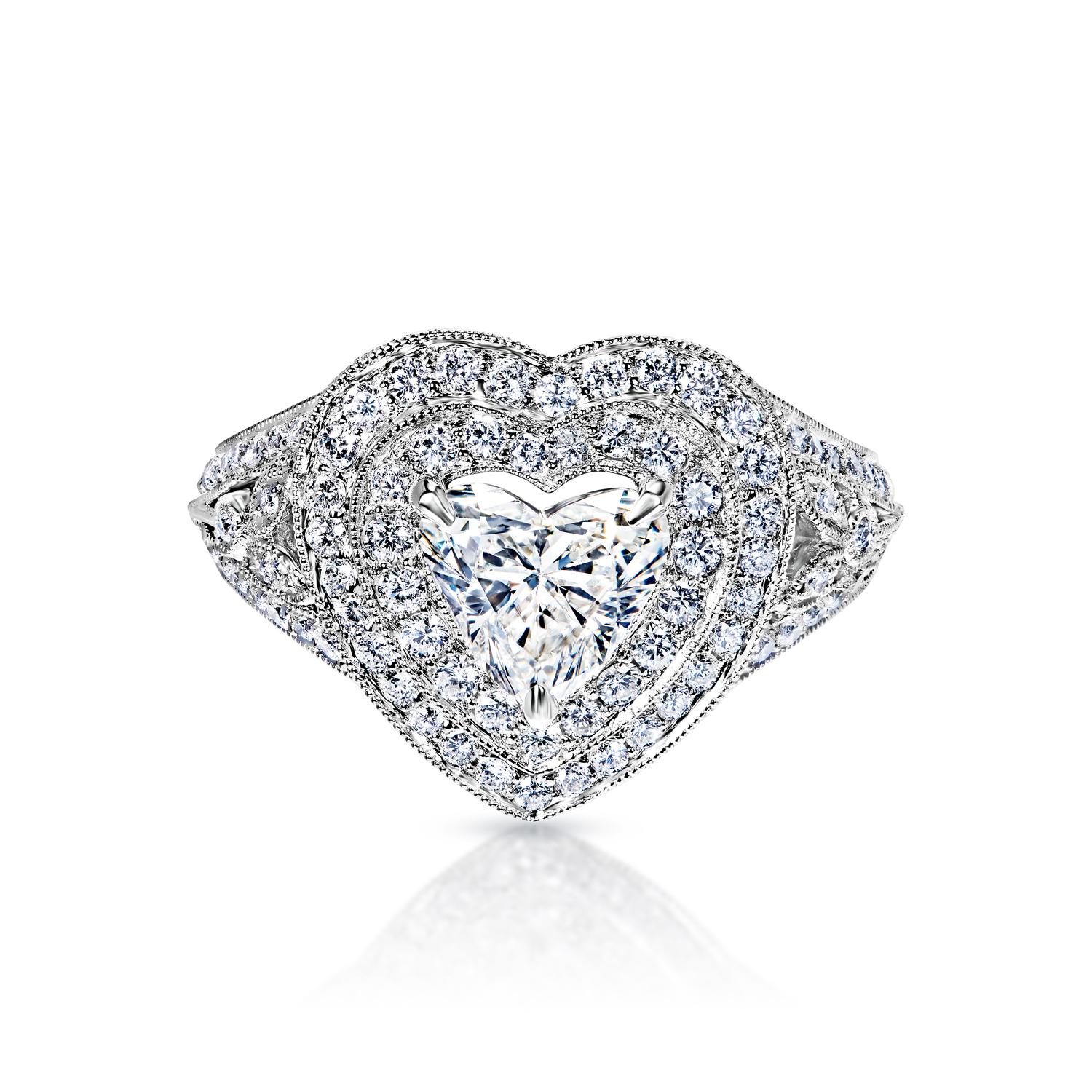 Elaina 3 Carat K SI2 Heart Shape Diamond Engagement Ring in 18k White Gold By Mike Nekta.

 

GIA CERTIFIED
Center Diamond:

Carat Weight: 1.38 Carats
Color : K
Clarity: SI2
Style: Heart Shape

Ring:
Settings: Double Halo, Split Shank, 3 Claw
