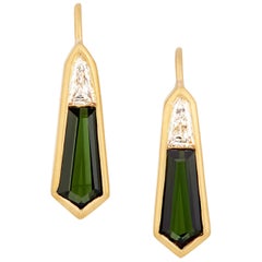 3 Carat Kite-Shaped Tourmaline and 0.56 Carat E VVS Diamond Earrings 22 Karat