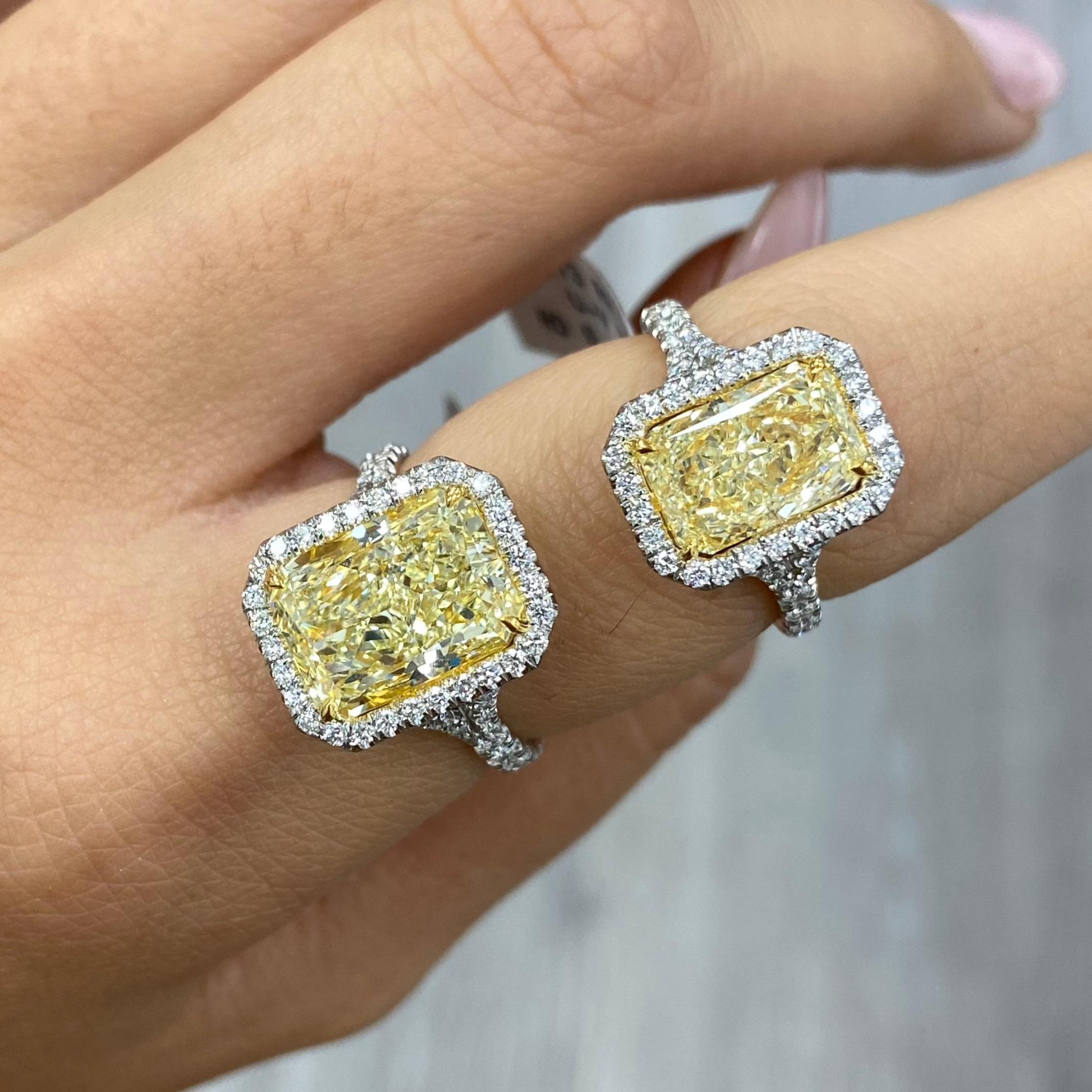 3 Carat Light Yellow Elongated Radiant Cut Halo Diamond Ring In New Condition In New York, NY